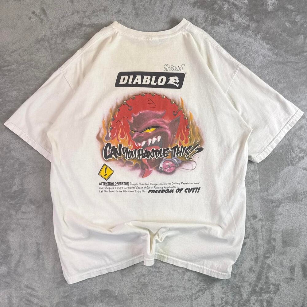 Vintage y2K Freud Diablo Saw Blade Graphic Workwear T Shirt White Large